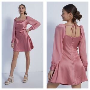NWT WEWOREWHAT Silky Cowl Neck Mini Dress Size 4 Pink Long Sleeve Aline